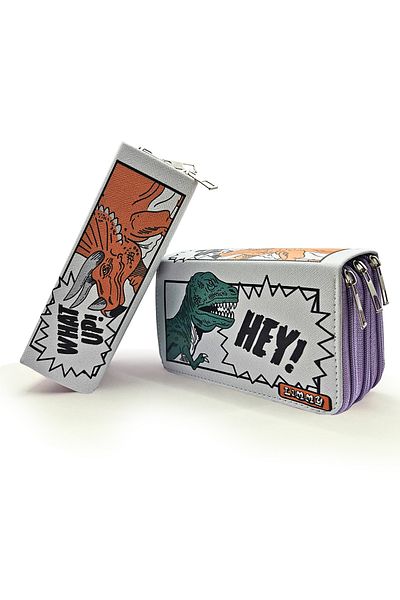 Limmy Μολυβοθήκη Dinosaur Cartoon Dinosaur Organizer Θήκη μολυβιών Vegan Δερμάτινη θήκη για στυλό τριών θέσεων - Μωβ