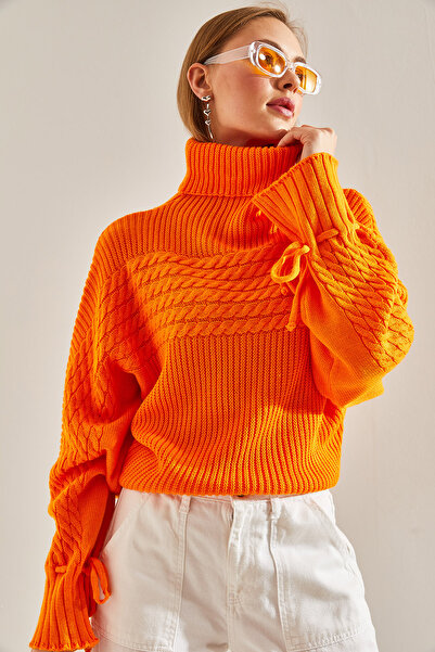 Bianco Lucci Women's Turtleneck Sleeves Lace Up Patterned Knitwear Sweater