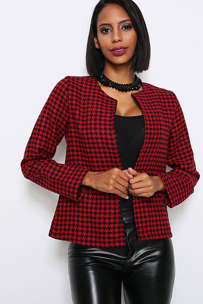 AVORWE Open Front Goose Feet Patterned Blazer Jacket