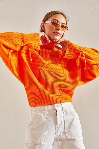 Bianco Lucci Women's Turtleneck Sleeves Lace Up Patterned Knitwear Sweater