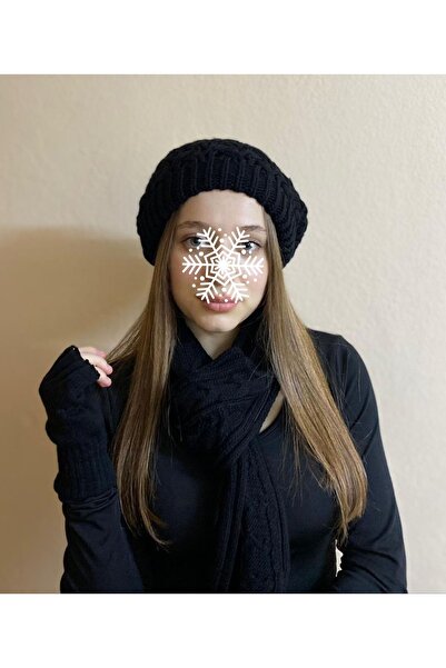 sema aksesuar Κασκόλ 3 τμχ Χειμερινό Μαύρο Χρώμα - Σετ γαντιών Beanie And Cut...