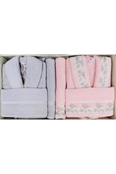 Özdilek Ofelya Güpürlü Aile Bornoz Seti Gri Lila