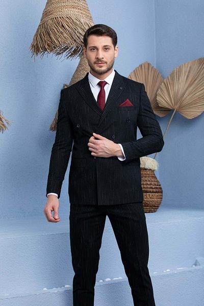 NOKTA GİYİM Μαύρο ριγέ Slim Fit ανδρικό κοστούμι με διπλό στήθος