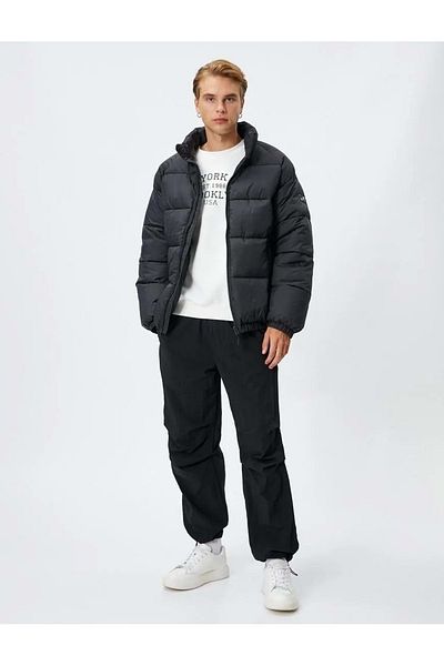 Koton Puffer Jacket Stand Collar Zipper Label Printed Pocket Detailed 4wam20063hw Black