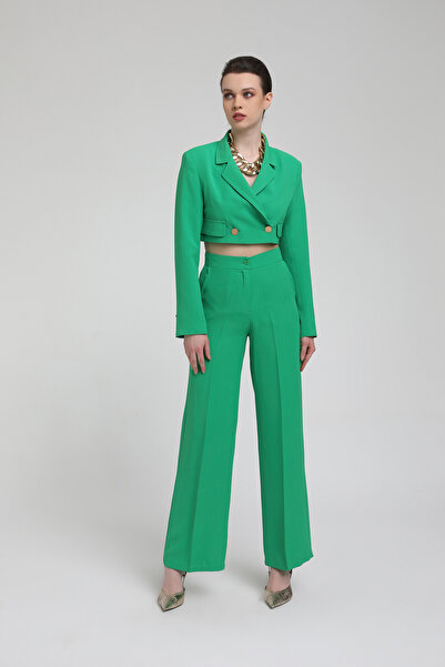 SACS Button Detailed Crop Jacket & High Waist Trousers Set