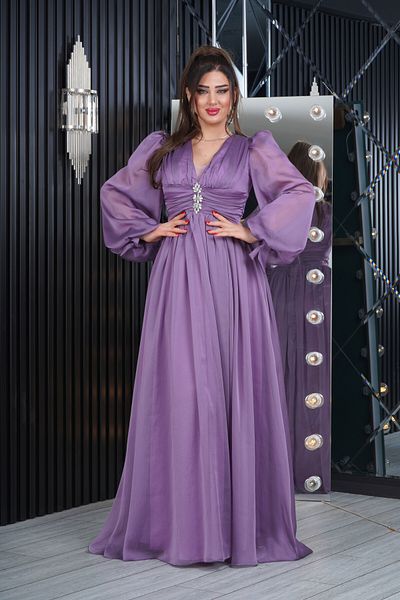 Matik Abiyem Janjan Chiffon Design V Decollete Long Dress with Stone Accessories Evening Dress