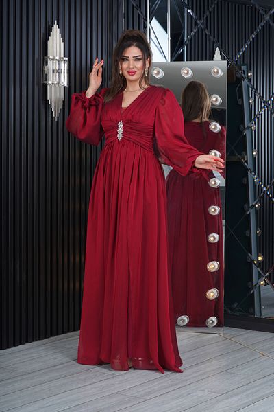 Matik Abiyem Janjan Chiffon Design V Decollete Long Dress with Stone Accessories Evening Dress