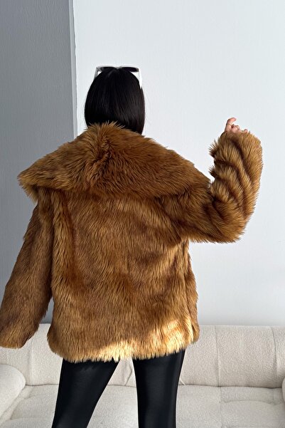 FEMELLE Women's Agraphed Shawl Collar Pocket Fur Coat