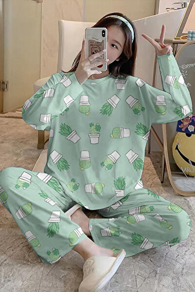 PEMBİŞ HOMEWEAR Set de pijamale cu mânecă lungă Plants Supersoft Basic Single...