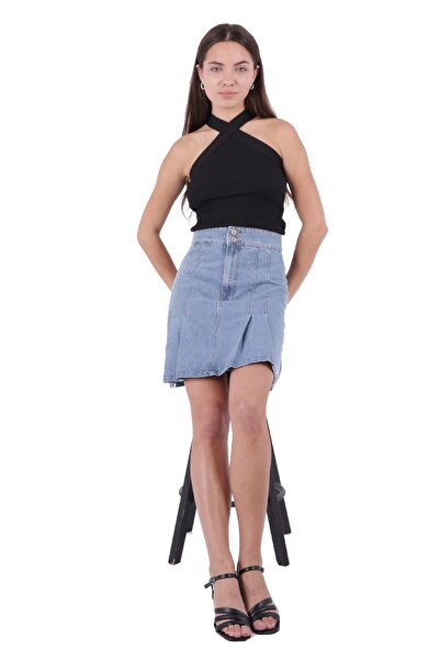 RICHMOST Pileli ve Çan Modelli Cepsiz Astarsız Kadın Kısa Kot Etek Durulanmış Mavi Denim Yaz / Bahar