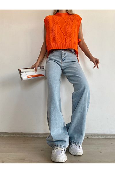 MAKRAS EXCLUSIVE Blugi din denim pentru femei Isabella Penelope, cu talie înaltă, cu picioare largi