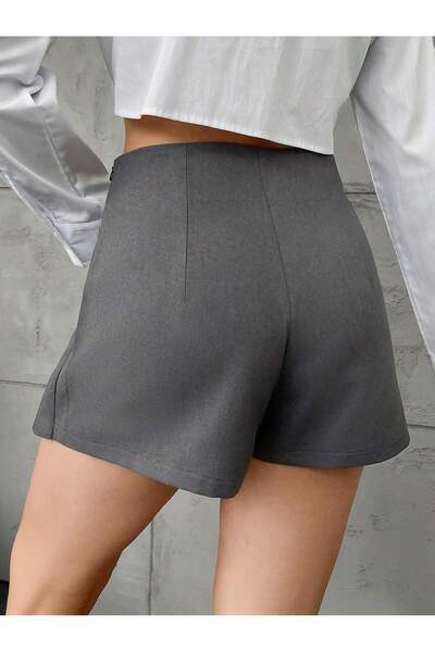 Purpleclo Dar Kalip Gray Single Button Shorts Skirt
