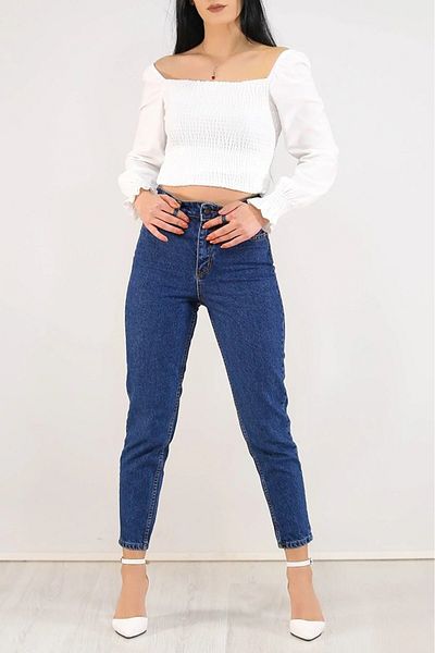 TugsatTasarTekstil Blugi de damă Arjo Deep Blue cu talie înaltă Boyfriend Mom Jean