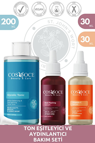 Ton Eşitleyici ve Aydınlatıcı Bakım Seti Gylcolic Acid, AHA, BHA, Vitamin C 200 ml + 30 ml + 30 ml