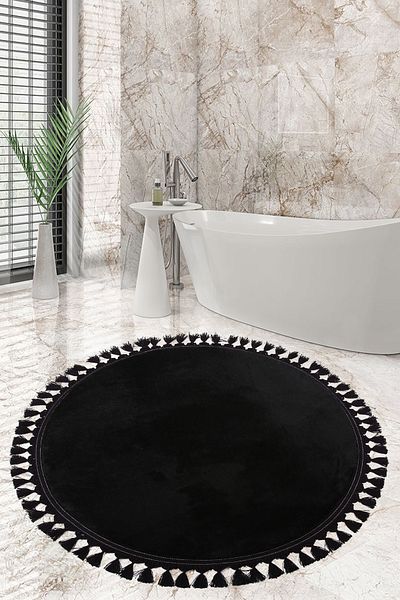 Bonny Home Χαλαρώστε μαύρο στρογγυλό 100x100 εκ. Αντιολισθητική βάση με κρόσσια χαλάκι μπάνιου που πλένεται στο πλυντήριο