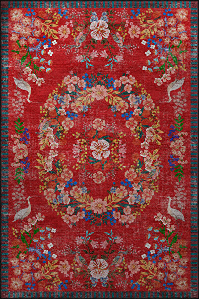 Rugs Modern Halı Floral Mira Kırmızı Tema Çok Renkli Çiçek Desenli Renkli Dok...