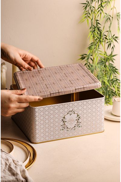 EVLE Er029-5f Rosy Plaid Patterned Square Metal Storage Container 24x24 Cm