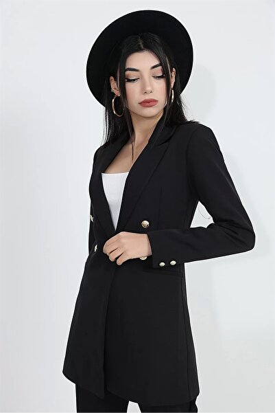 Genel Markalar Omuzları Vatkalı Önü Çıtçıtlı Atlas Kumaş Kadın Blazer Ceket -...