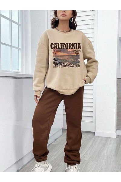 HIRSCH Γυναικείο σετ φόρμας σε μπεζ California Seaside με στάμπα Oversize στο κάτω μέρος