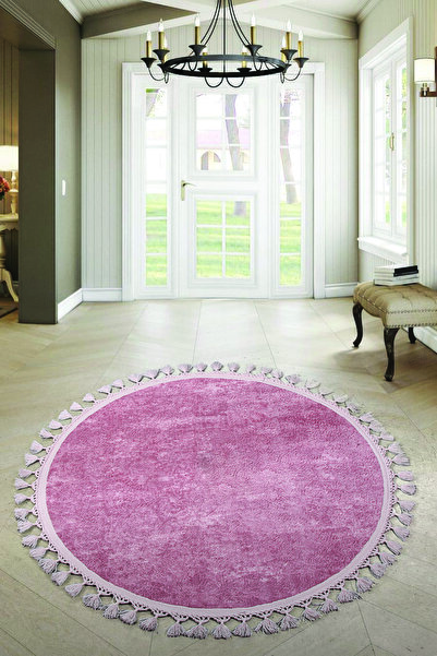 AVANTAJ Nova Pudra Yuvarlak Ponpon Saçaklı Genç Çocuk Odası Halısı Yıkanabili...