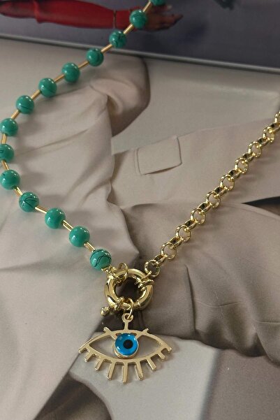 Trendy Butik نصف سلسلة نصف مفتوح قلادة العين الخرز الأخضر المائي