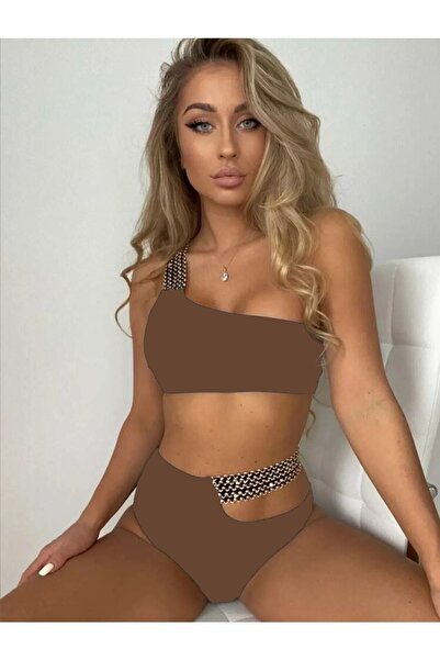 sayina Κομψό γυναικείο σετ μπικίνι με κέντημα με έναν ώμο Mink Glitter με ψηλόμεσο φόδρα
