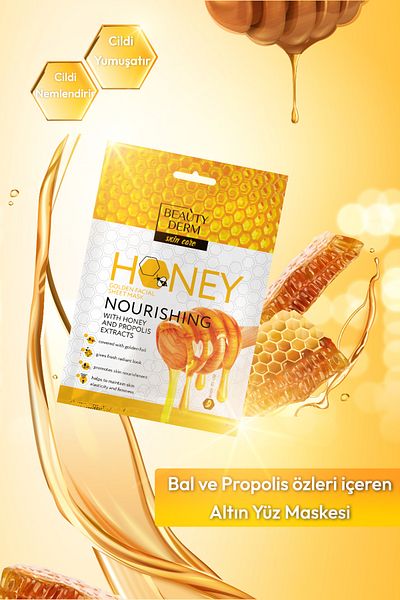 BEAUTY DERM Face Mask Honey and Propolis Extract Gold Foil Supported Intensive Moisturizing Sheet Mask 25 ml