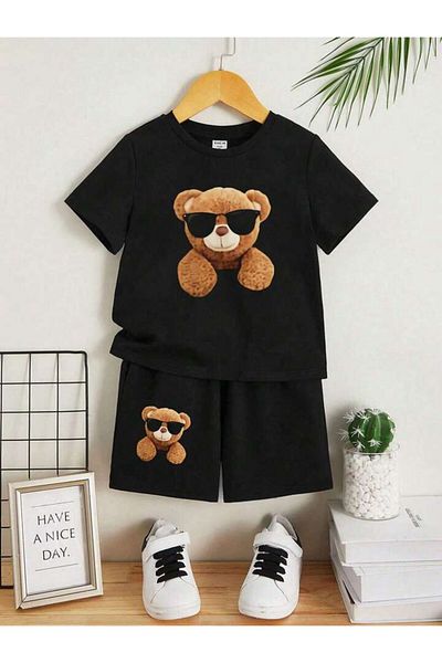 AMMA Children's Black Teddy Bear Printed T-shirt Shorts Top and Bottom Set
