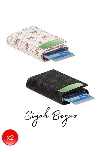 Adelina Bags Black and White Automatic Mechanism Wallet 2 Pieces