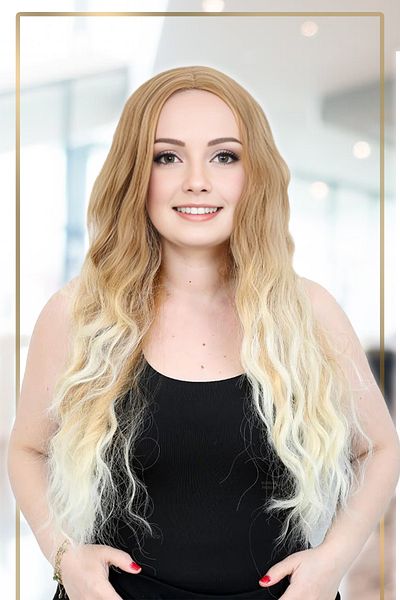 KONAK PERUK Fiber Synthetic Wig - Long Water Wave, Honey Foam and Platinum Short Ombreli
