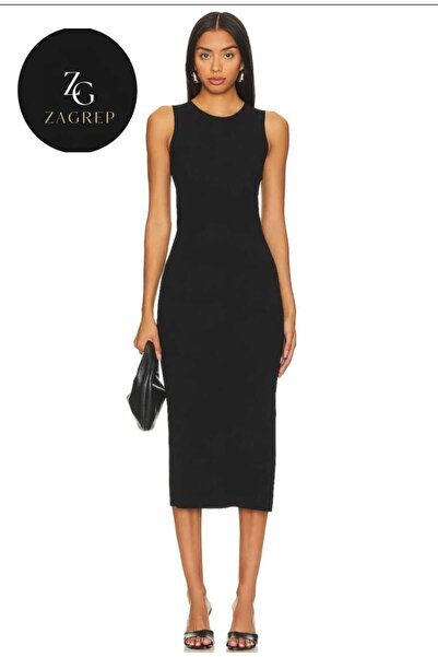 Zagrep Women's Black Midi Dress Side Slit Sleeveless Lined No Inner Display Silk Jersey Midi Dress