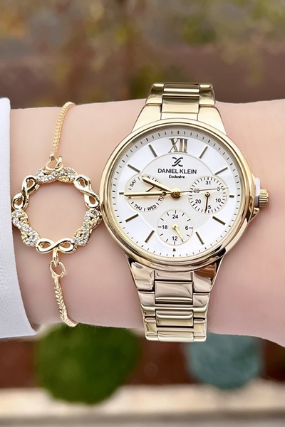 Daniel Klein Altın Renk 24 Ay Garantili Fonksiyonlu Kadın Kol Saati ve Bileklik