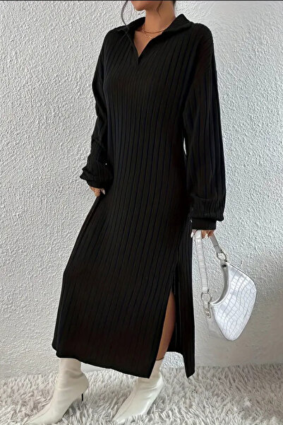 missamour Black Polo neck Knitwear Midi Women's Dress - Sleeve Detailed