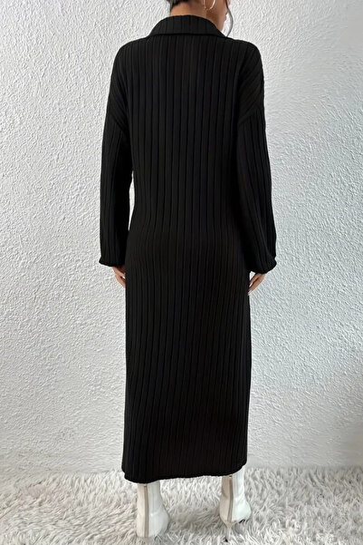 missamour Black Polo neck Knitwear Midi Women's Dress - Sleeve Detailed