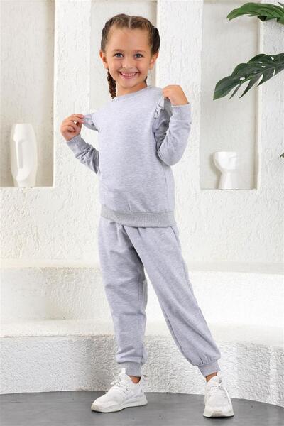 zepkids Girl's Gray Colored Crew Neck 2-piece Suit with Ruffle Detail on the Shoulders