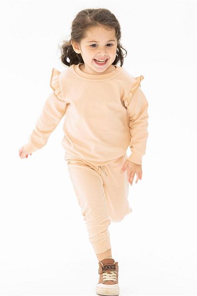 zepkids Girl's Beige Colored Crew Neck 2-piece Suit with Ruffle Detail on the Shoulders