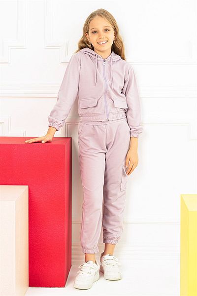 zepkids Girl's Lilac Colored Hooded Mesh Drawstring Waist Top and Bottom Set