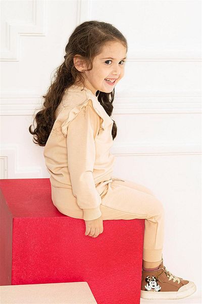 zepkids Girl's Beige Colored Crew Neck 2-piece Suit with Ruffle Detail on the Shoulders