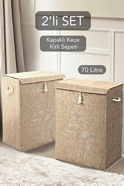 Meleni Home 2 Adet Keçe Kapaklı Kirli Çamaşır Sepeti - Çok Amaçlı Saklama Kut...