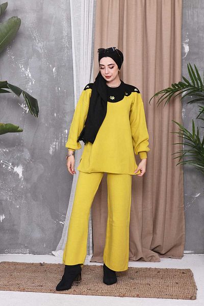 Zümrüt stone detailed, flower collar winter sweater and pants, double knitwear set1610