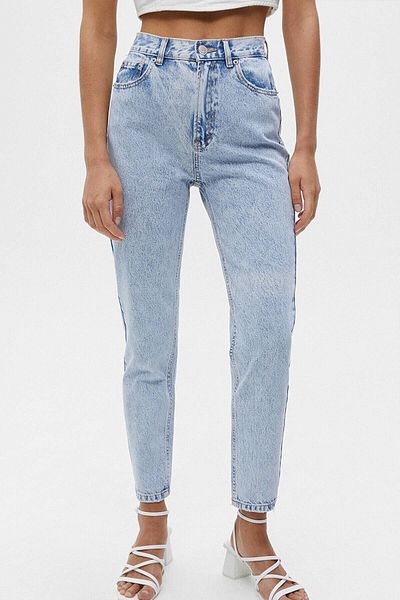 MAKRAS EXCLUSIVE Blugi din denim albastru cu talie înaltă - damă, mamă, iubit, spălat cu zăpadă, nou 2024