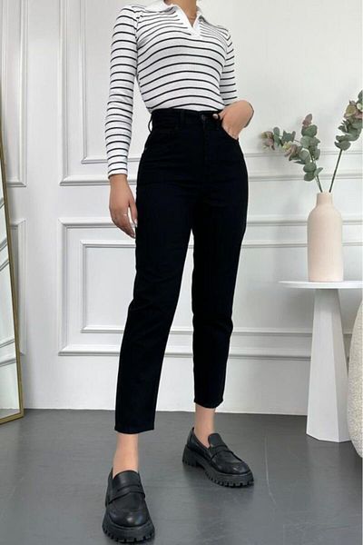 Geppetto Blugi negri cu talie înaltă, cu croiala relaxată, pentru mama - Soft Touch 2024