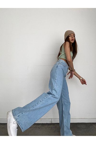 Geppetto Blugi largi de damă cu talie înaltă, albastră, spălat cu zăpadă Pantaloni elastici Palazzo din denim 2024