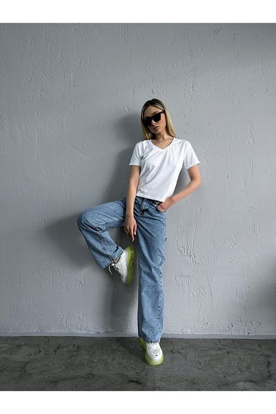 MAKRAS EXCLUSIVE Blugi de zăpadă cu talie înaltă Blugi largi, albaștri, spălați cu zăpadă, blugi elastici din Lycra de zăpadă
