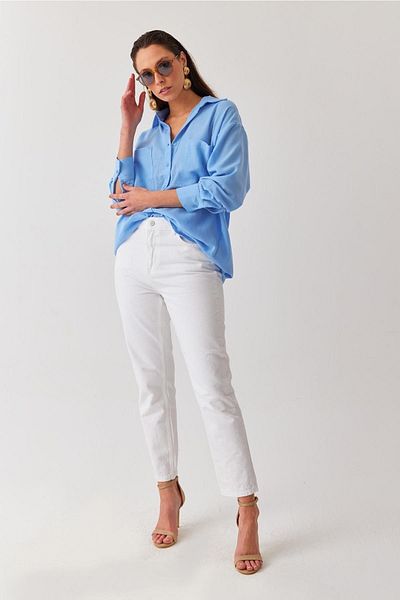 Geppetto Blugi albi din denim cu talie înaltă - Lycra, Mom Fit, model 2024