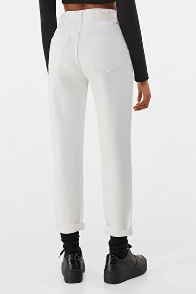 MAKRAS EXCLUSIVE High Waist Zippered White Mom Fit Jeans - No Inner Display2024