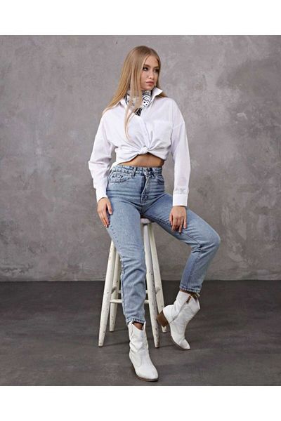 Geppetto Blugi Mom Jean cu talie înaltă - Culoare uni, Snow Wash, 2024
