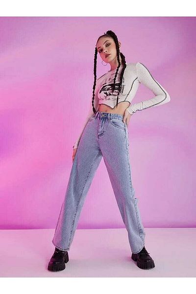 Geppetto Anii '90 Blue Snow Wash Casual Palazzo Wideleg Jean Power Lycra pentru femei cu talie înaltă 2024