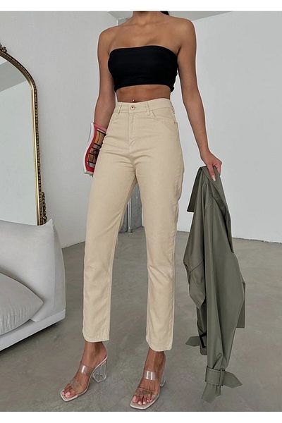 Geppetto Ψηλόμεσο Lycra Beige Mom Jeans - Colorfast Extra Comfortable Jeans 2024