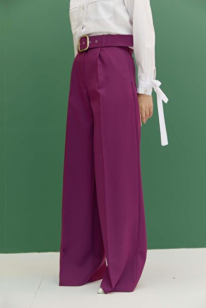 hakimoda Tesettür Kemerli Pileli Pantolon Mürdüm